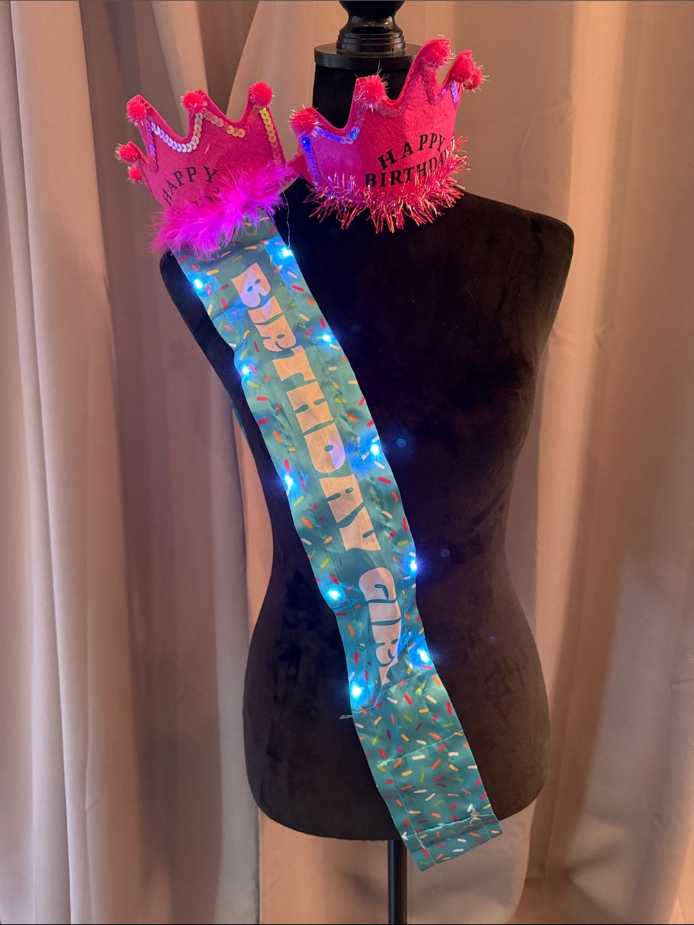 Lighted Birthday Sash with Two Felt Crowns. Three Flashing Settings.